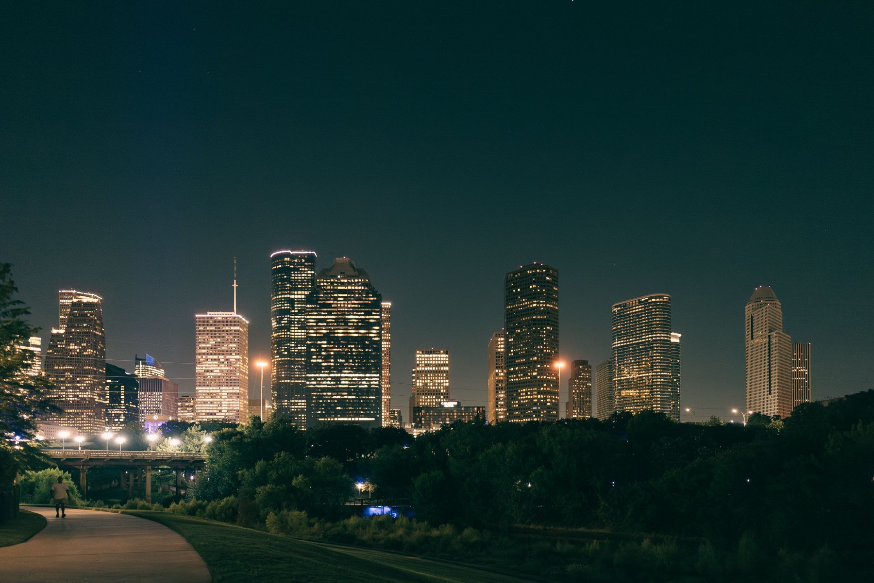 Houston skyline at night, photographed from a nearby park
